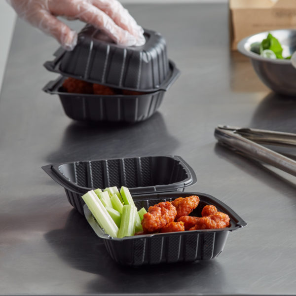 6" x 6" Sandwich Microwaveable Black Plastic Hinged Container, HD - 300/Case - Image 3