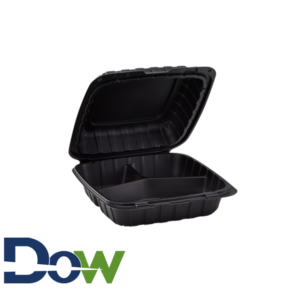 8" x 8" 3-Compartment Microwaveable Black Plastic Hinged Container, HD - 200/Case