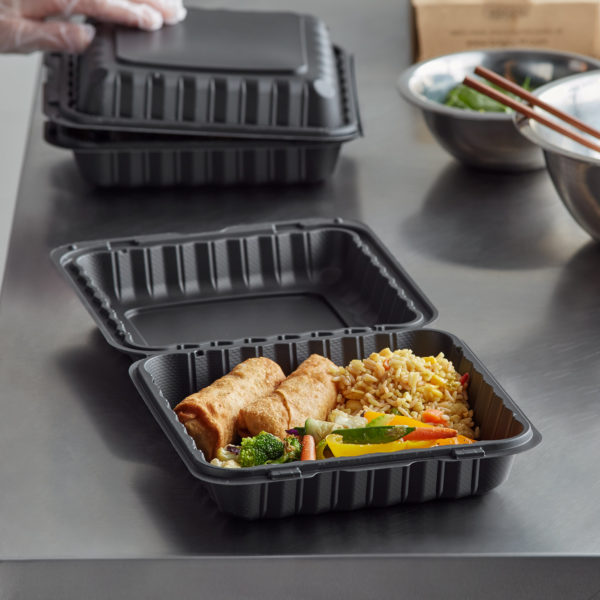 9" x 9" 1-Compartment Microwaveable Black Plastic Hinged Container, HD - 150/Case - Image 2
