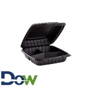 9" x 9" 3-Compartment Microwaveable Black Plastic Hinged Container, HD - 150/Case