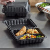 9" x 9" 3-Compartment Microwaveable Black Plastic Hinged Container, HD - 150/Case - Image 2