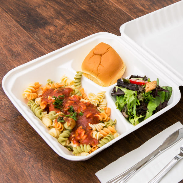 9" x 9" Biodegradable / Bagasse 3-Compartment Take-out Container - 200/Case - Image 2