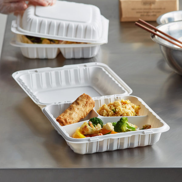 9" x 9" 3-Compartment Microwaveable White Plastic Hinged Container, HD - 150/Case - Image 2