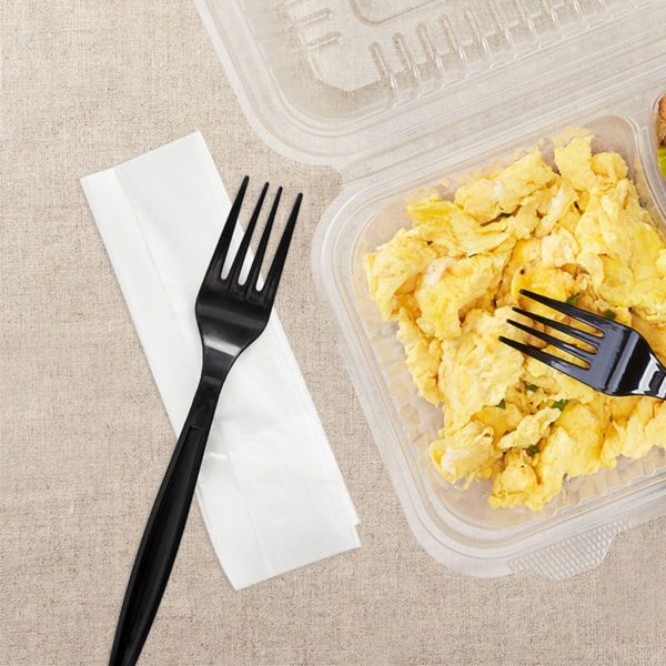 Black Wrapped Heavy Weight Plastic Cutlery Kits (Fork & Napkin) - 500/Case - Image 4