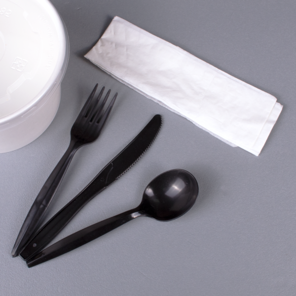 Black Wrapped Medium Weight Plastic Cutlery Kits - 250/Case - Image 2