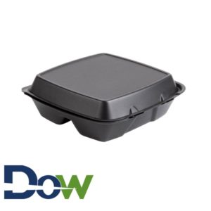 90HTB3R 9" x 9" Black Large 3-Comp Foam Container with Hinged Lid - 200/Case